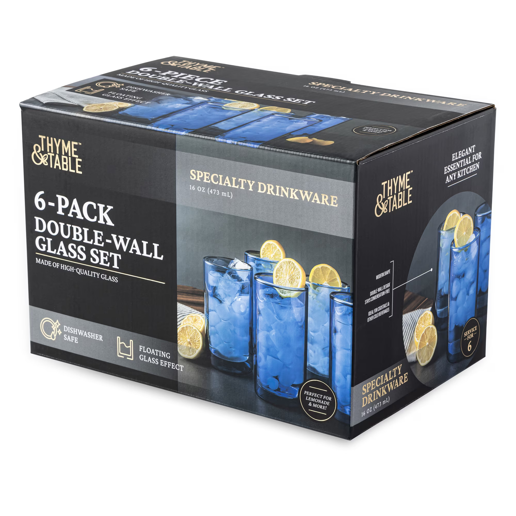 Thyme & Table 16 fl oz Blue Double Wall Glasses, Set of 6